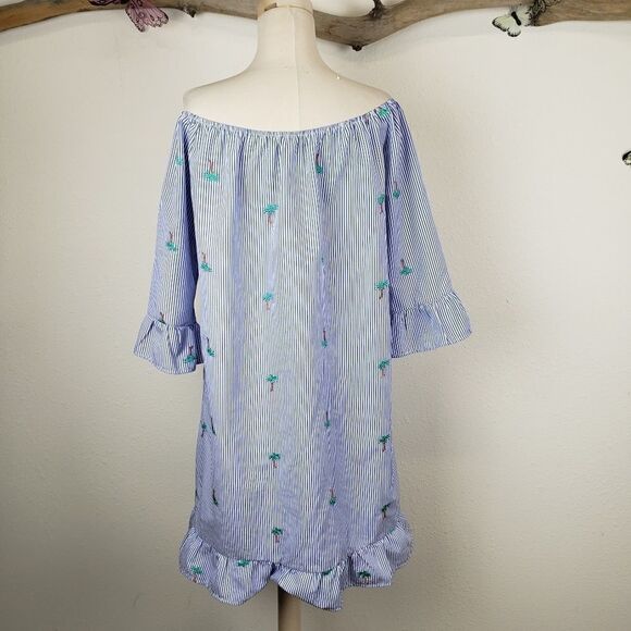 Espresso striped ruffle shift dress with palm tree - Picture 4 of 6